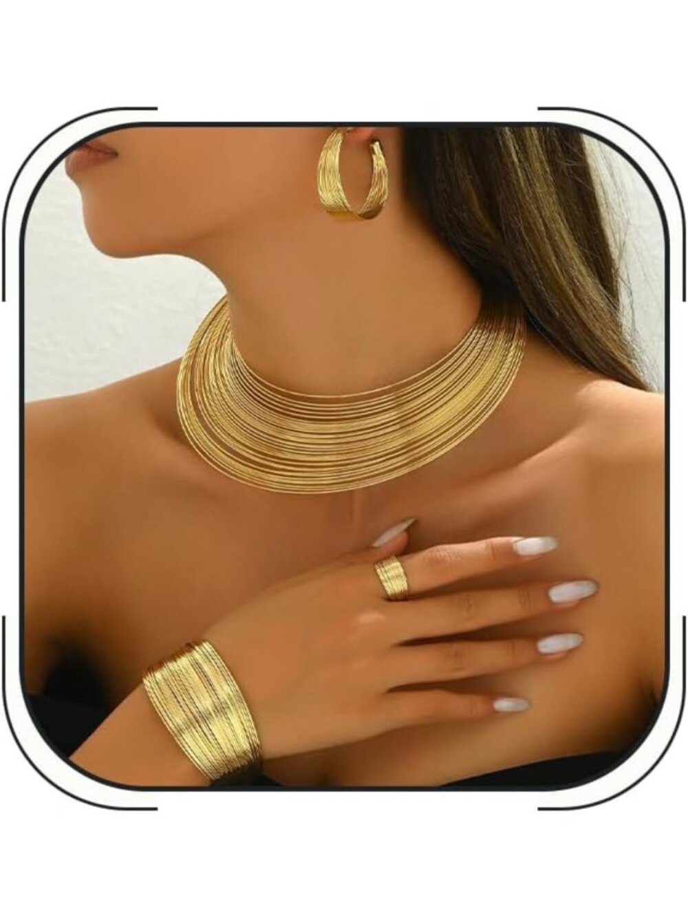 Chunky Gold & Silver African Jewelry Set for Women - Necklace, Earrings, Ring